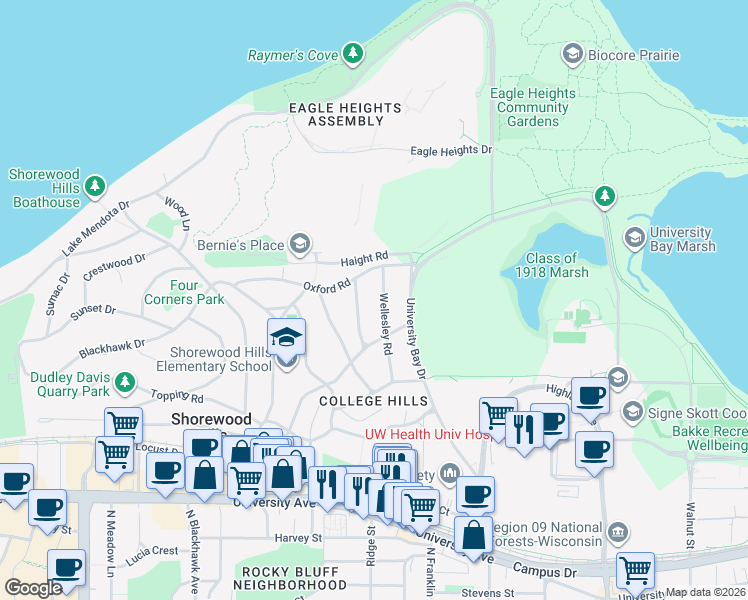 map of restaurants, bars, coffee shops, grocery stores, and more near 1233 Sweetbriar Road in Madison
