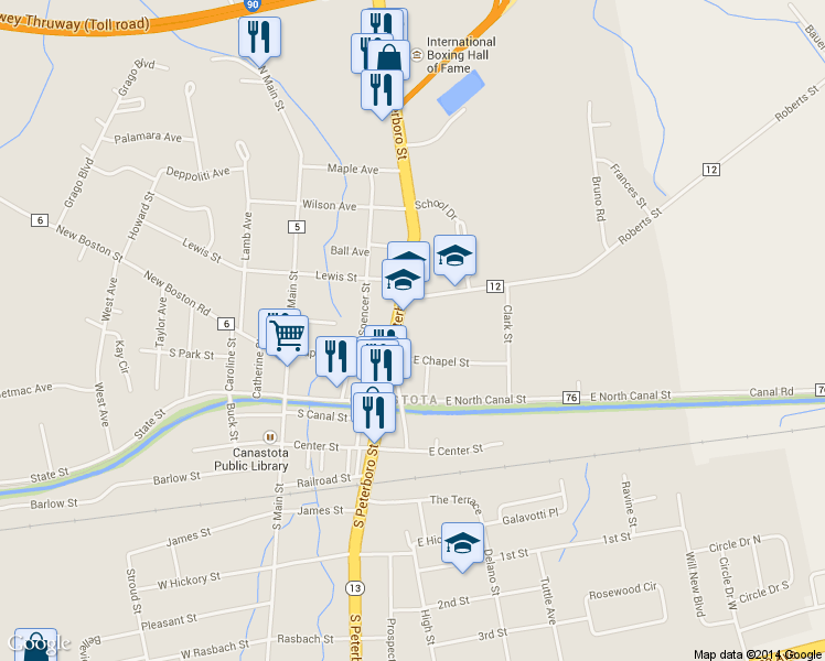 map of restaurants, bars, coffee shops, grocery stores, and more near 214 N Peterboro St in Canastota