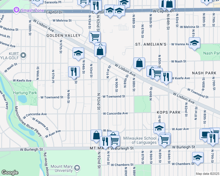map of restaurants, bars, coffee shops, grocery stores, and more near 3440 North 91st Street in Milwaukee