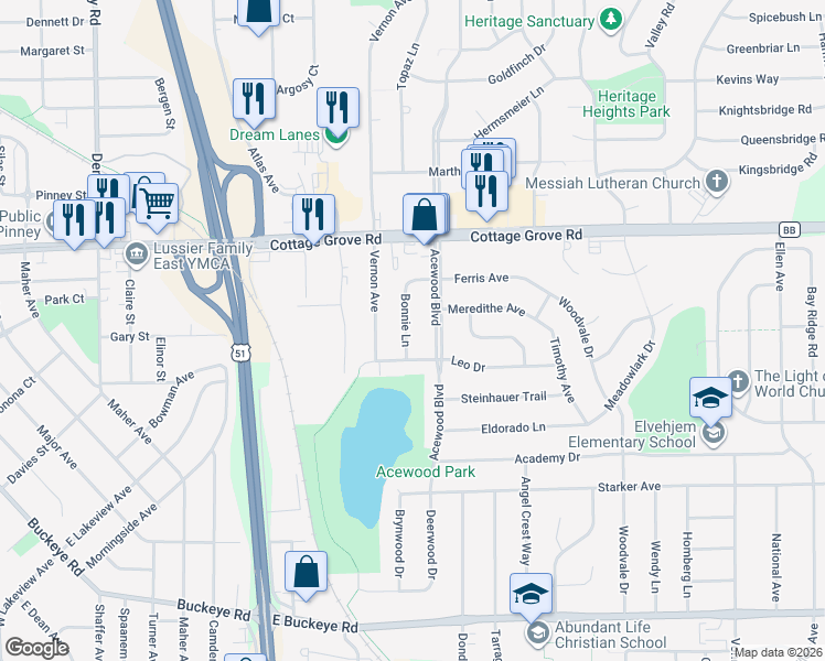 map of restaurants, bars, coffee shops, grocery stores, and more near 1125 Bonnie Lane in Madison