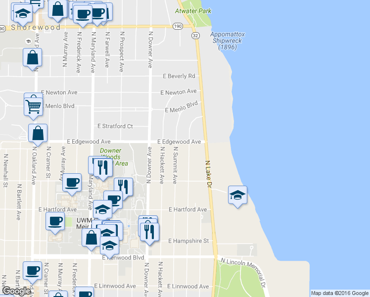 map of restaurants, bars, coffee shops, grocery stores, and more near 3489 North Shepard Avenue in Milwaukee