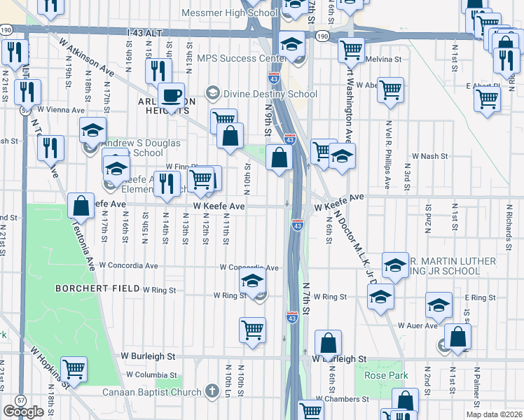 map of restaurants, bars, coffee shops, grocery stores, and more near 3461 North 9th Street in Milwaukee