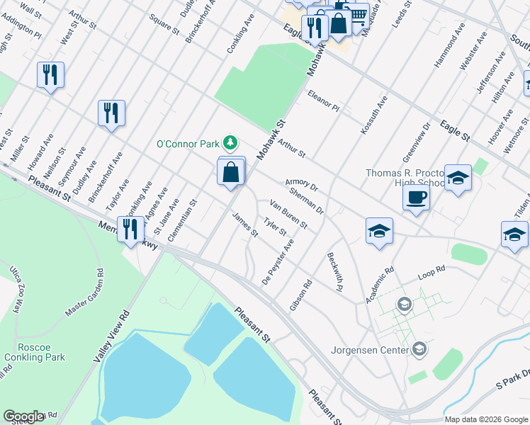 map of restaurants, bars, coffee shops, grocery stores, and more near 1513 Brookside Ave in Utica