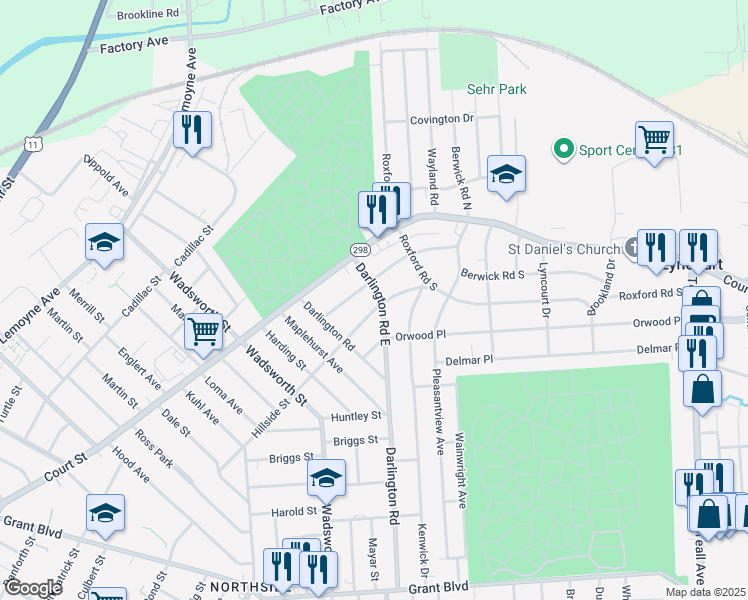 map of restaurants, bars, coffee shops, grocery stores, and more near 727 Hillside Street in Syracuse