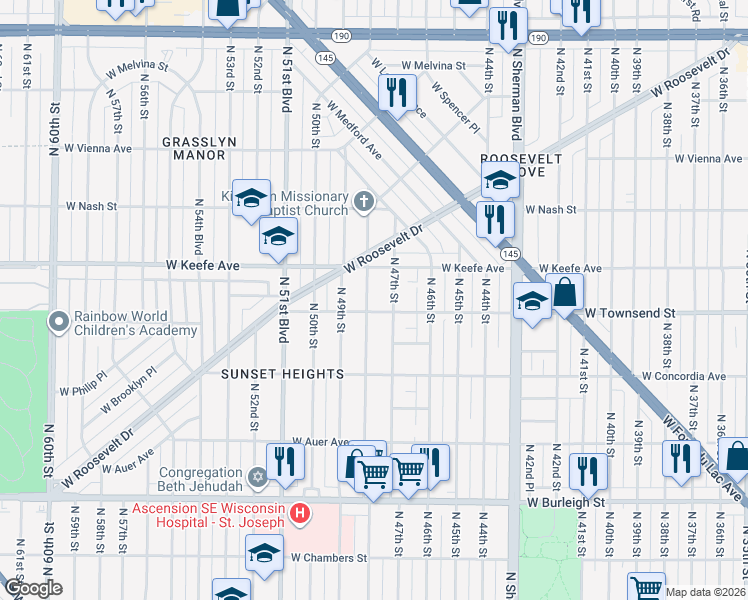map of restaurants, bars, coffee shops, grocery stores, and more near 3412 North 48th Street in Milwaukee
