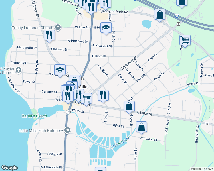map of restaurants, bars, coffee shops, grocery stores, and more near 406 Mulberry Street in Lake Mills
