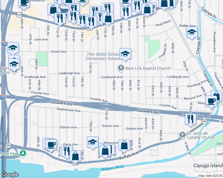 map of restaurants, bars, coffee shops, grocery stores, and more near 456 78th St in Niagara Falls