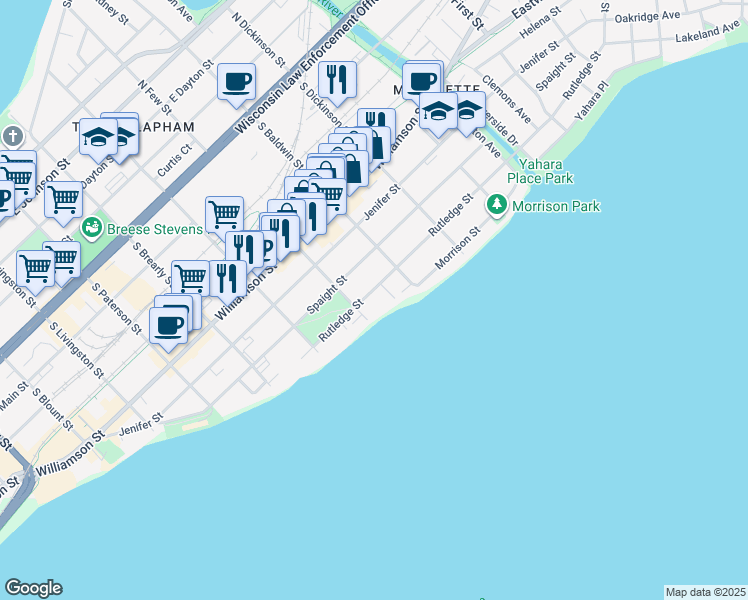 map of restaurants, bars, coffee shops, grocery stores, and more near 1215 Rutledge Street in Madison