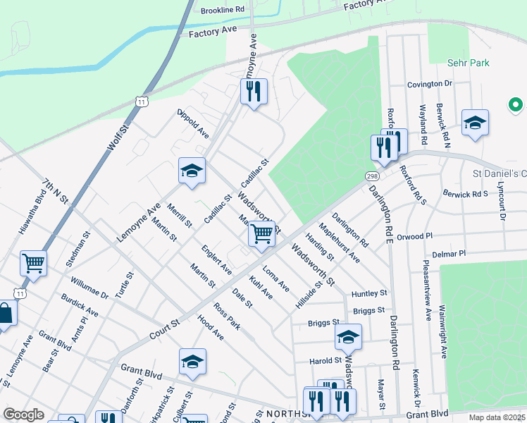 map of restaurants, bars, coffee shops, grocery stores, and more near 1056 Wadsworth Street in Syracuse