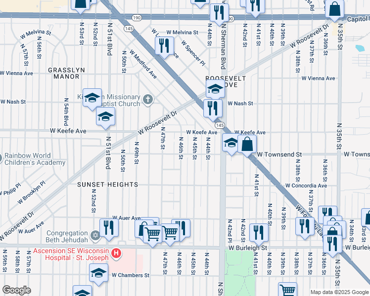 map of restaurants, bars, coffee shops, grocery stores, and more near 3412 North 46th Street in Milwaukee