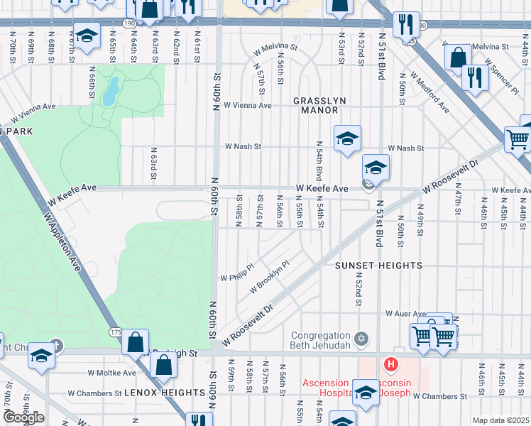 map of restaurants, bars, coffee shops, grocery stores, and more near 3428 North 57th Street in Milwaukee