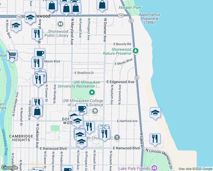 map of restaurants, bars, coffee shops, grocery stores, and more near 3484 North Downer Avenue in Milwaukee