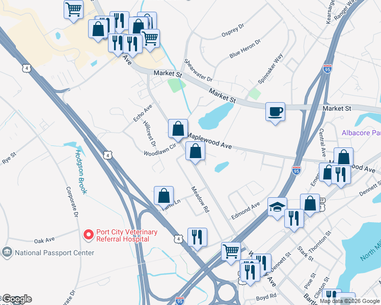 map of restaurants, bars, coffee shops, grocery stores, and more near 7 Fairview Drive in Portsmouth
