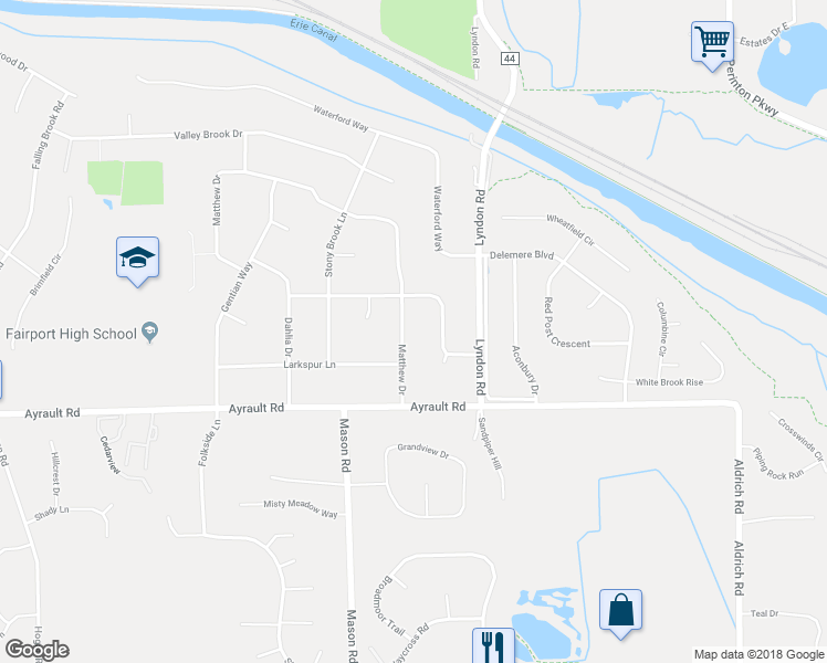 map of restaurants, bars, coffee shops, grocery stores, and more near 14 Matthew Drive in Fairport