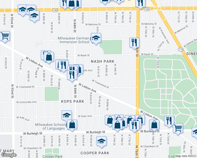 map of restaurants, bars, coffee shops, grocery stores, and more near North 81st Street in Milwaukee
