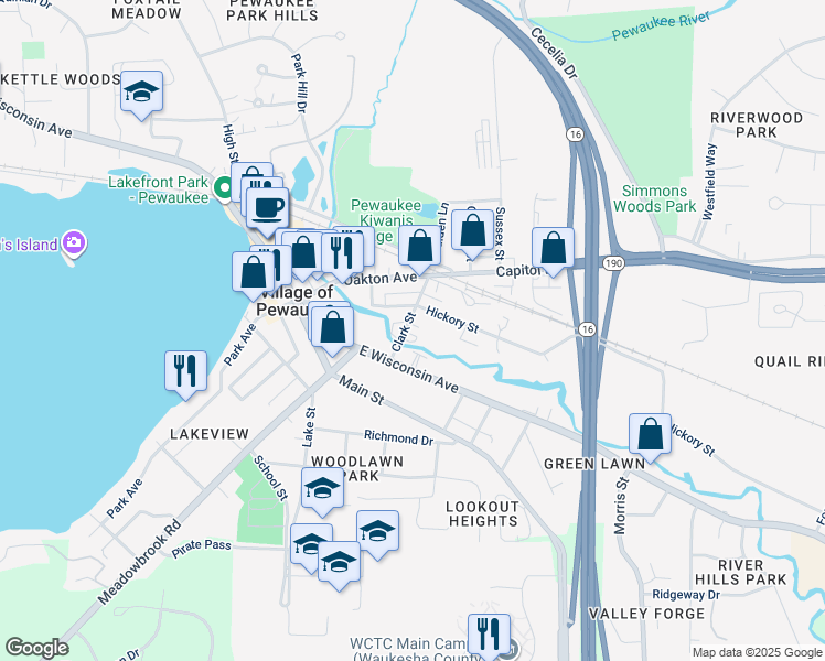map of restaurants, bars, coffee shops, grocery stores, and more near 224 Clark Street in Pewaukee