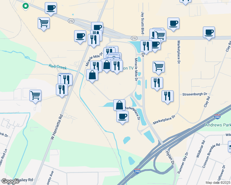 map of restaurants, bars, coffee shops, grocery stores, and more near 10 Miracle Mile Drive in Rochester
