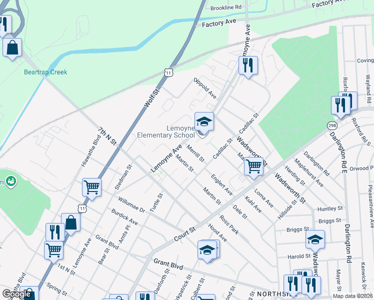 map of restaurants, bars, coffee shops, grocery stores, and more near 127 Merrill Street in Syracuse