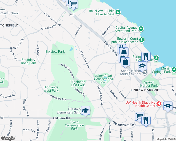 map of restaurants, bars, coffee shops, grocery stores, and more near 5911 Old Middleton Road in Madison