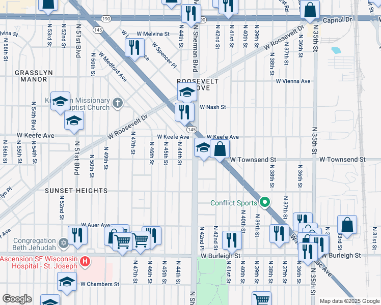 map of restaurants, bars, coffee shops, grocery stores, and more near 3417 North Sherman Boulevard in Milwaukee