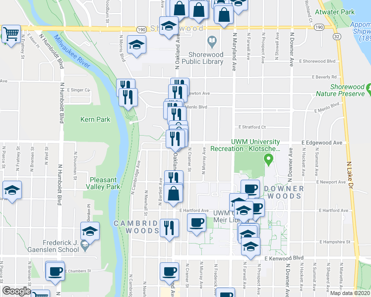 map of restaurants, bars, coffee shops, grocery stores, and more near 3489 North Cramer Street in Milwaukee