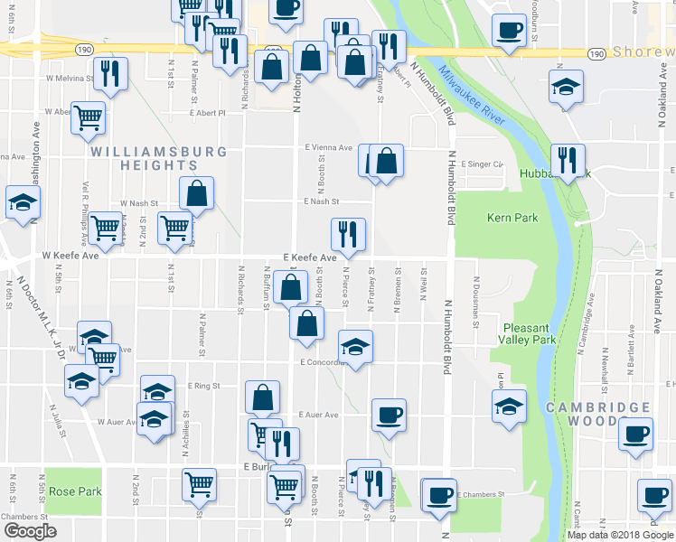 map of restaurants, bars, coffee shops, grocery stores, and more near 3483 North Pierce Street in Milwaukee