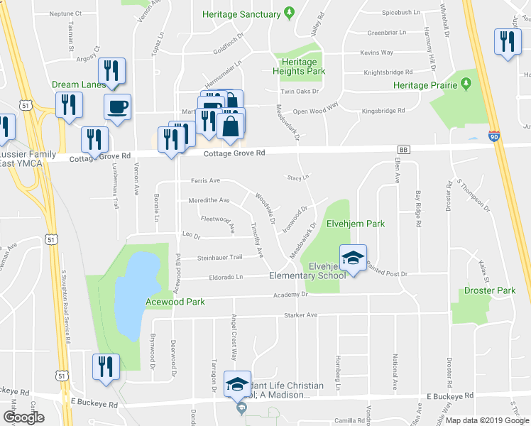 map of restaurants, bars, coffee shops, grocery stores, and more near 1126 Woodvale Drive in Madison