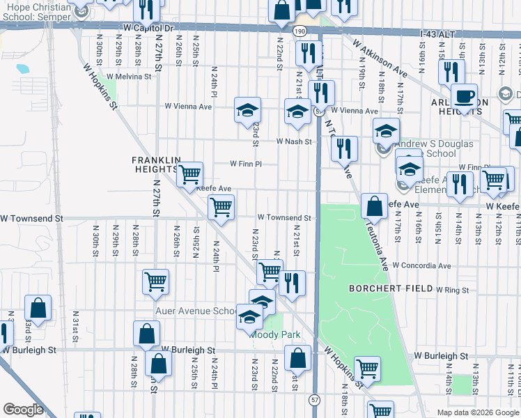 map of restaurants, bars, coffee shops, grocery stores, and more near 3414 North 23rd Street in Milwaukee