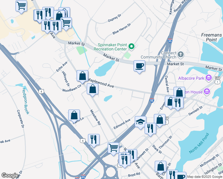 map of restaurants, bars, coffee shops, grocery stores, and more near 1000 Maplewood Avenue in Portsmouth