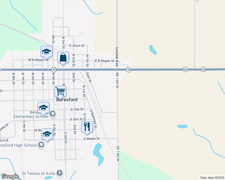 map of restaurants, bars, coffee shops, grocery stores, and more near 105 Northeast 13th Street in Beresford