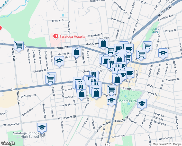 map of restaurants, bars, coffee shops, grocery stores, and more near 18 Cherry Street in Saratoga Springs