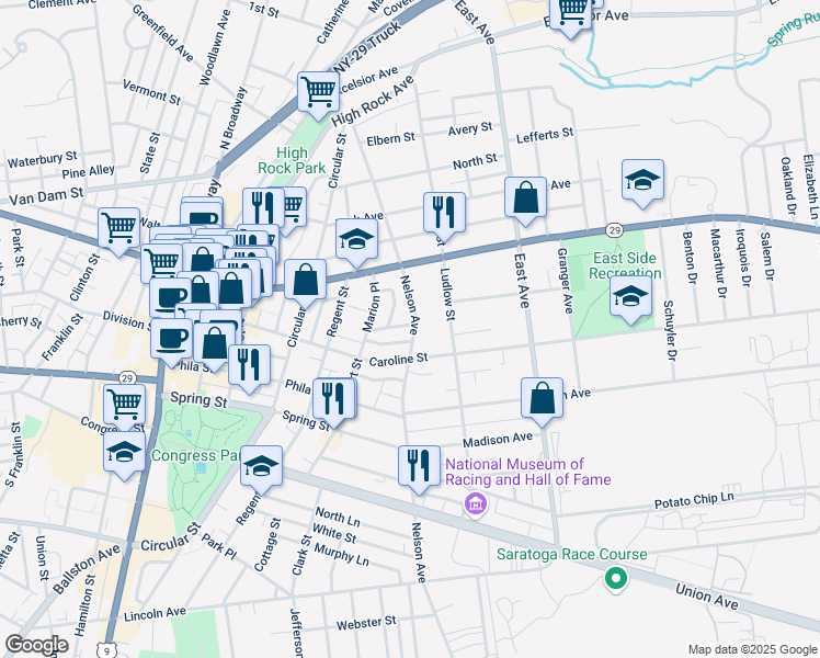 map of restaurants, bars, coffee shops, grocery stores, and more near 235 Nelson Avenue in Saratoga Springs