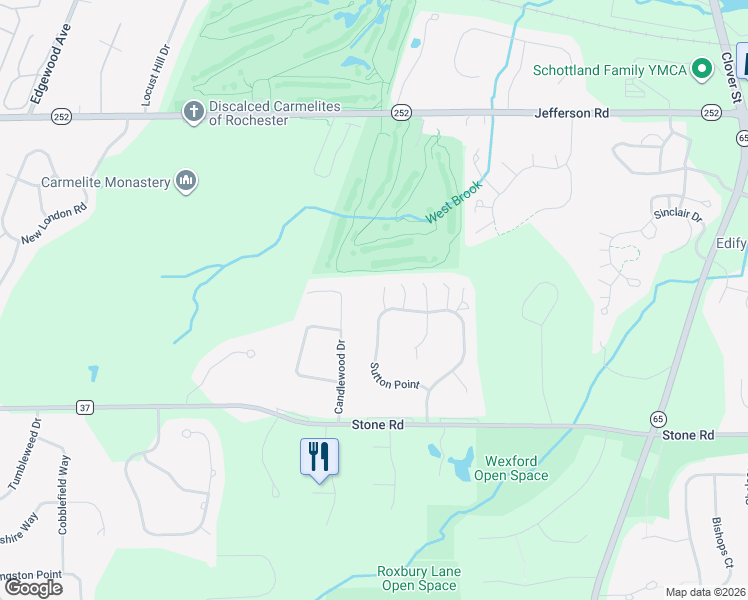 map of restaurants, bars, coffee shops, grocery stores, and more near 2 Hogan Court in Pittsford
