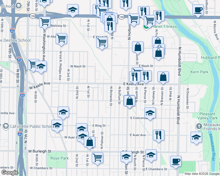 map of restaurants, bars, coffee shops, grocery stores, and more near 3461 North Richards Street in Milwaukee