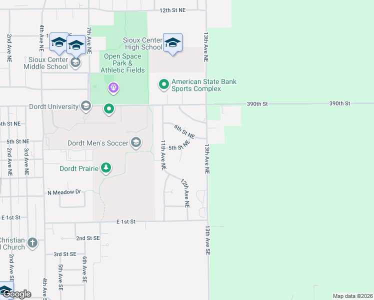 map of restaurants, bars, coffee shops, grocery stores, and more near 425-435 12th Avenue Circle Northeast in Sioux Center
