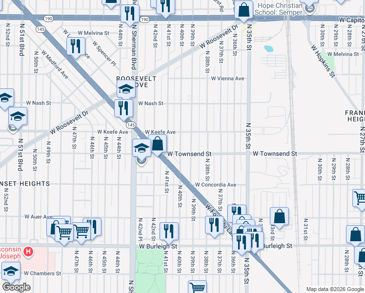 map of restaurants, bars, coffee shops, grocery stores, and more near 3416 North 40th Street in Milwaukee
