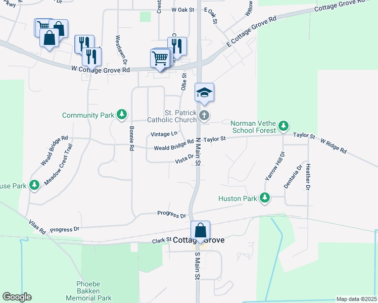 map of restaurants, bars, coffee shops, grocery stores, and more near 19 Vista Dr in Cottage Grove