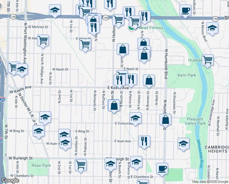 map of restaurants, bars, coffee shops, grocery stores, and more near 3460 North Holton Street in Milwaukee