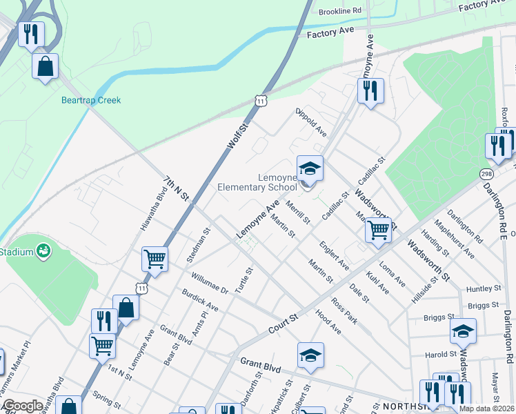 map of restaurants, bars, coffee shops, grocery stores, and more near 301 Martin Street in Syracuse