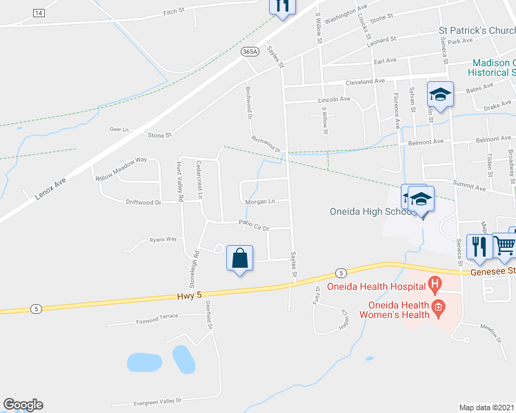 map of restaurants, bars, coffee shops, grocery stores, and more near 124 Morgan Lane in Oneida