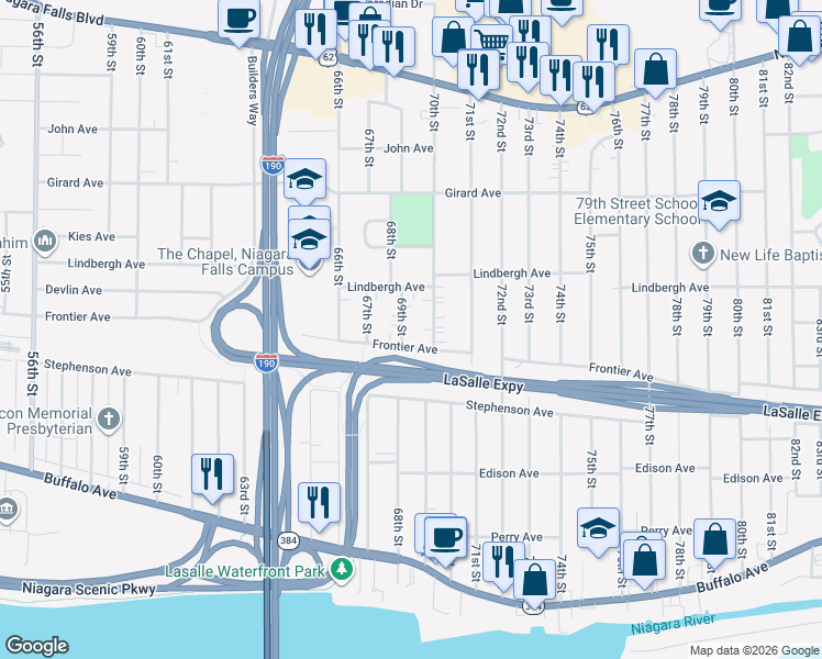 map of restaurants, bars, coffee shops, grocery stores, and more near 415 69th Street in Niagara Falls