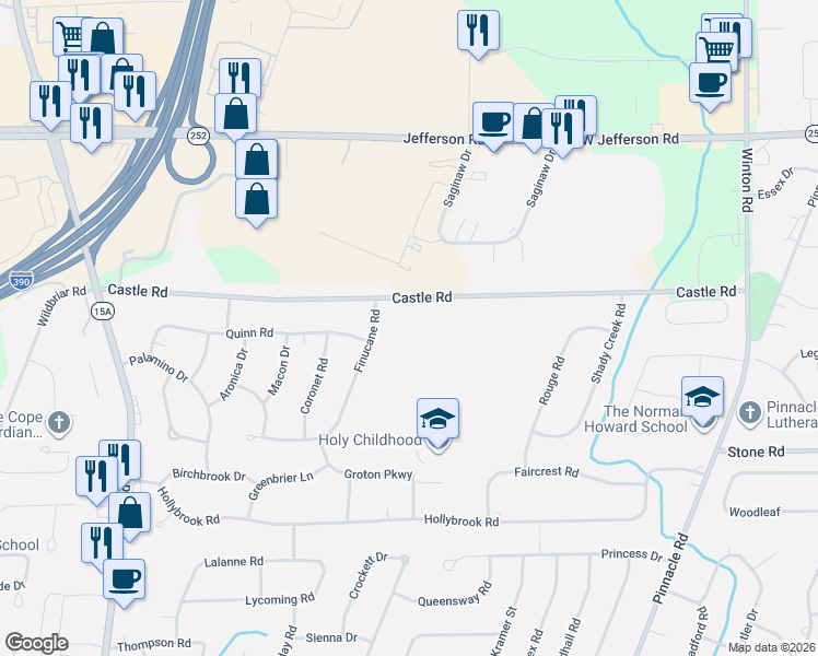 map of restaurants, bars, coffee shops, grocery stores, and more near 245 Castle Road in Rochester