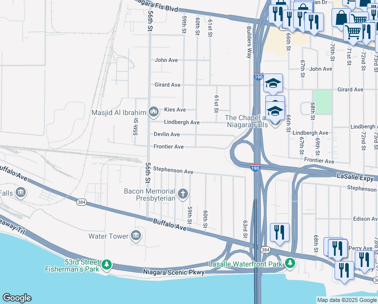 map of restaurants, bars, coffee shops, grocery stores, and more near 5697 Frontier Avenue in Niagara Falls