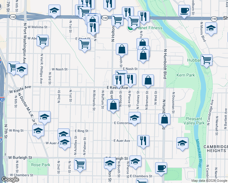 map of restaurants, bars, coffee shops, grocery stores, and more near 3460 North Holton Street in Milwaukee