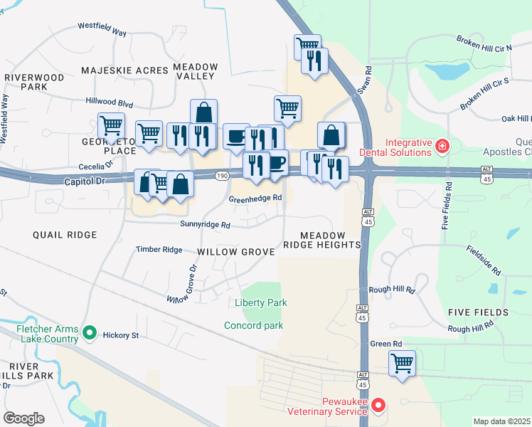 map of restaurants, bars, coffee shops, grocery stores, and more near 1371 Sunnyridge Road in Pewaukee