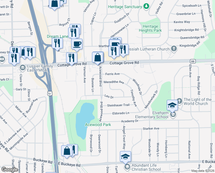 map of restaurants, bars, coffee shops, grocery stores, and more near 1125 Acewood Boulevard in Madison
