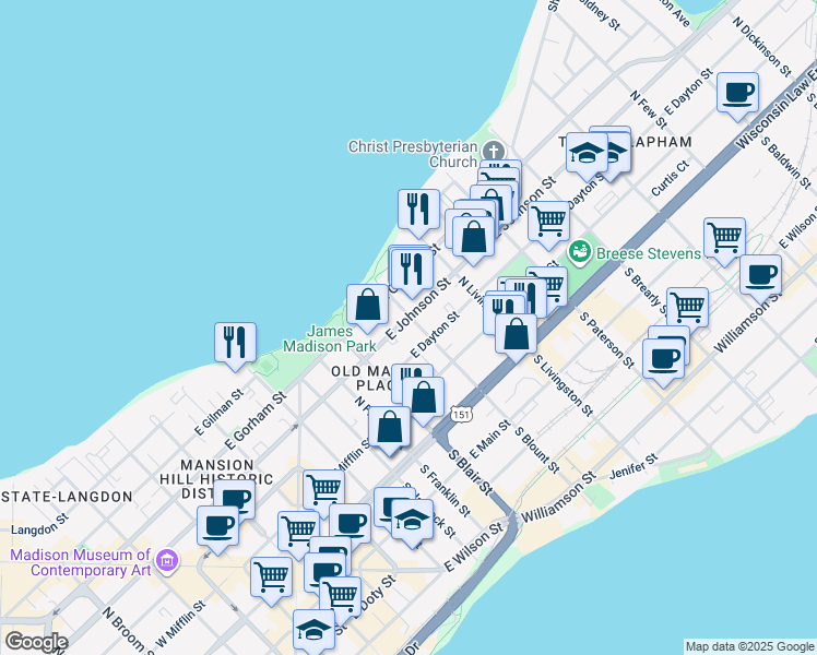 map of restaurants, bars, coffee shops, grocery stores, and more near 635 East Johnson Street in Madison