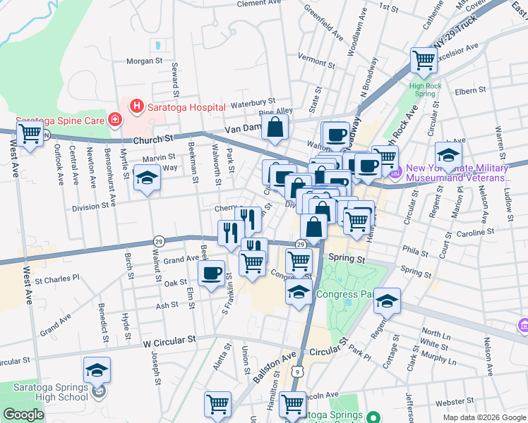 map of restaurants, bars, coffee shops, grocery stores, and more near Franklin Square in Saratoga Springs