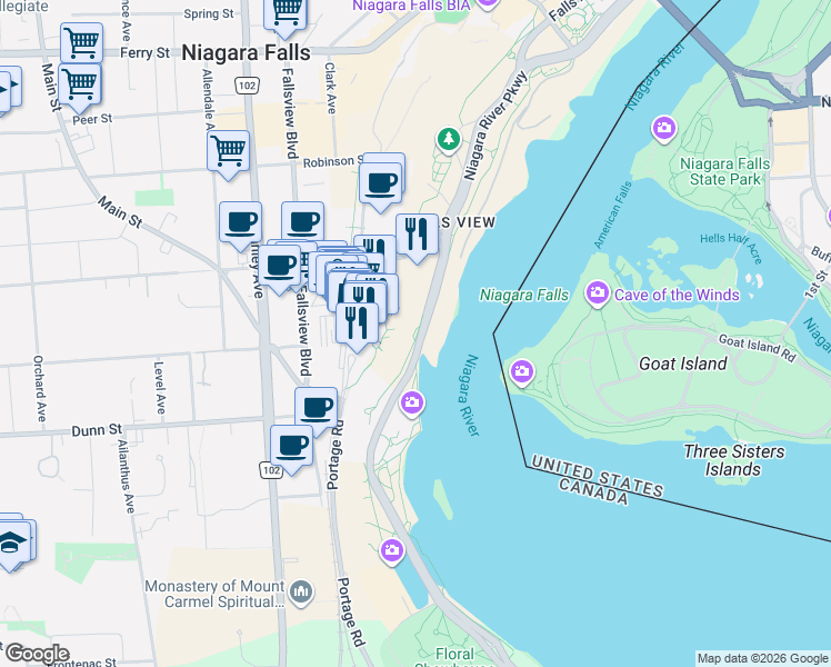 map of restaurants, bars, coffee shops, grocery stores, and more near 6342 Niagara Parkway in Niagara Falls