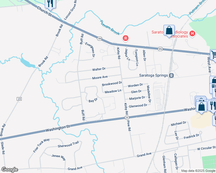 map of restaurants, bars, coffee shops, grocery stores, and more near 9 Brookwood Drive in Saratoga Springs